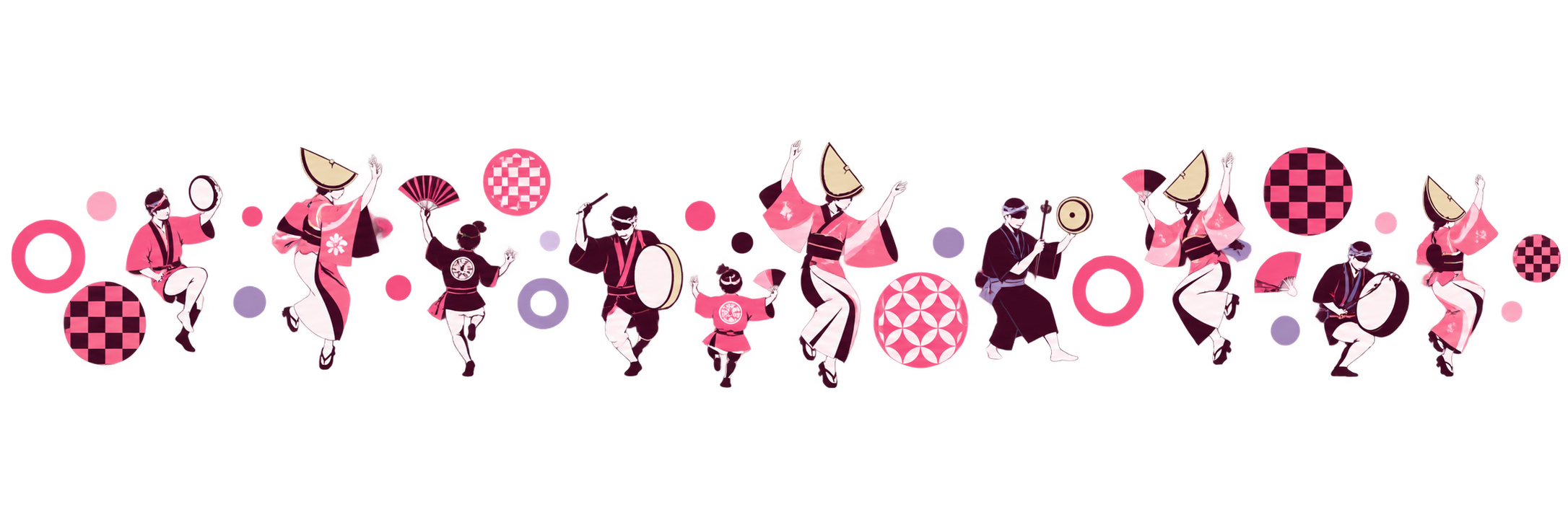 踊り手と鳴り物が連なる2026年版イラスト